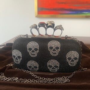 Crystal Skull  Beaded Knuckle Clutch Purse with Detachable Chain Strap Edgy Lux🖤